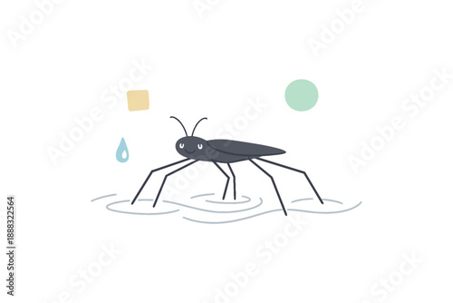 Cartoon water strider skating on water with geometric shapes