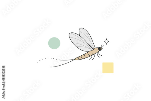 Illustrated mayfly with abstract geometric elements on a white background