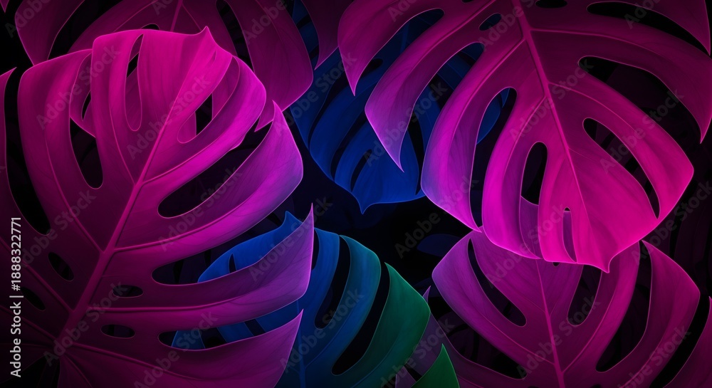 Fototapeta premium Vivid, digitally rendered image of stylized Monstera leaves in striking neon colors against black