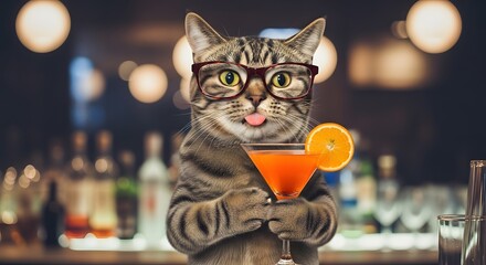 Whimsical cat with glasses, martini, in a bar setting, tongue out, blurred background