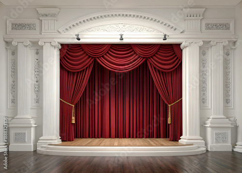 A grand theater stage with elegant red velvet curtains and classical white columns