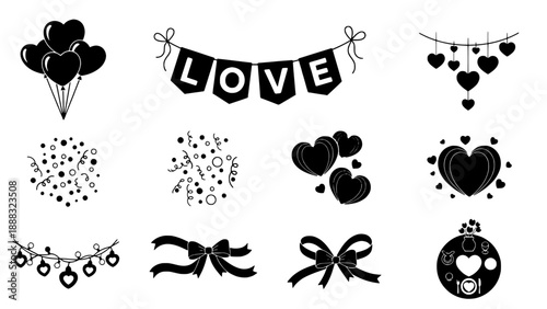 Collection of Valentine's Day icons hearts, balloons, confetti, bows, garland, and banners