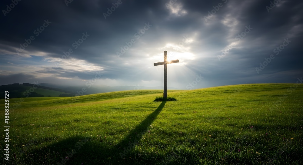 Obraz premium Wooden cross atop a green hill, sun rays shining, dramatic sky, casting a long shadow