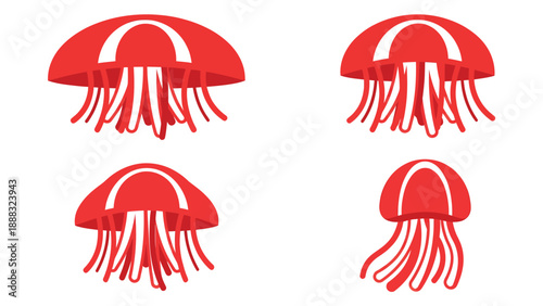 Red Jellyfish Set - Cartoon Style Aquatic Animals