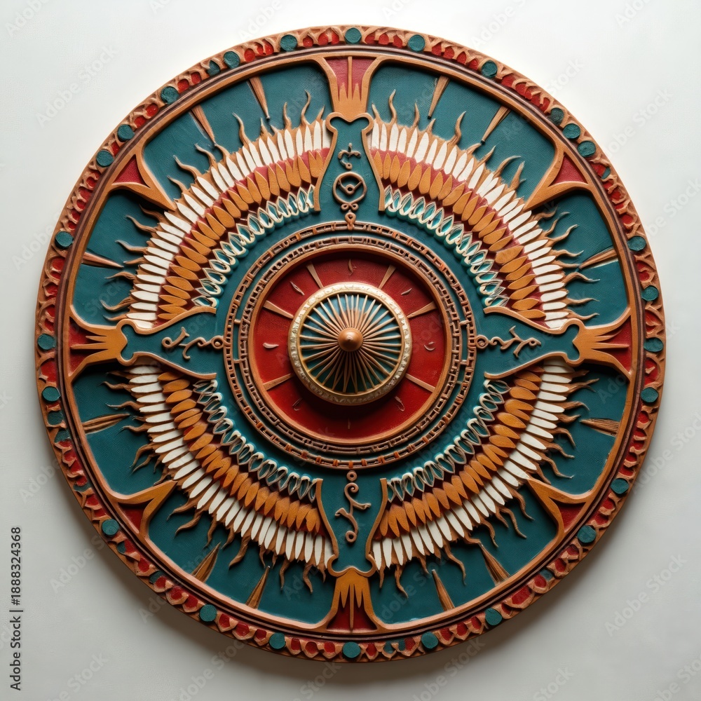 Obraz premium Intricate Native American medicine wheel art. Spiritual symbol displays tribal patterns, feathers, and sunburst designs. Features detailed craftsmanship in wood and paint for cultural display.