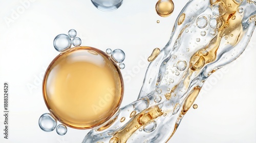 A large golden sphere is surrounded by small clear bubbles with a clear liquid splash containing golden droplets and air bubbles flowing to the right serum oil water transparent