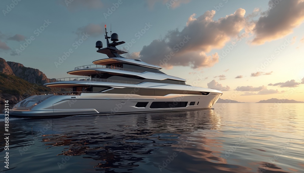 Fototapeta premium Modern luxury yacht sails on calm sea during twilight. Sleek vessel with multiple decks and elegant lighting cruises past rocky shores under soft clouds. Boat travels on tranquil ocean water.