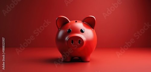 Red piggy bank sits on red surface against plain red background. This simple icon represents saving money financial goals and personal finance planning for future investment.