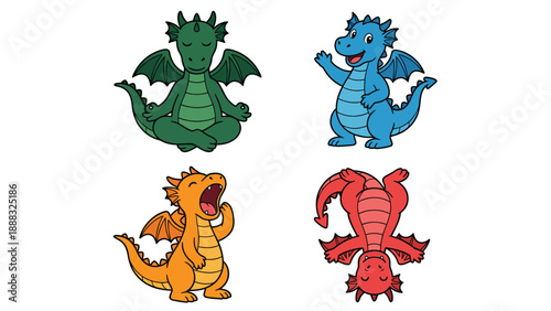 Dragon Cartoon Set - Yoga, Greeting, Yawning, Upside Down