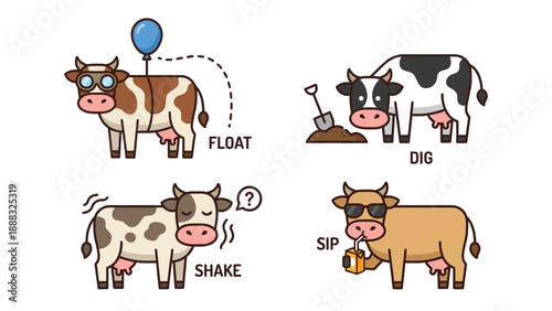 Animated Cow Icons Set: Floating, Digging, Shaking, Sipping