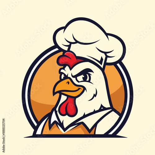 Cool rooster chef mascot with confident expression wearing apron and culinary hat