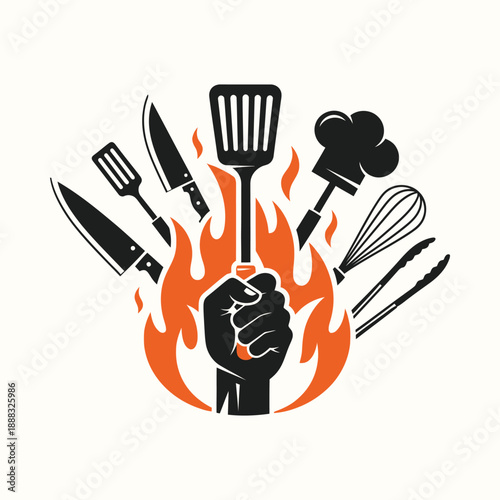 Hand holding spatula over flames with kitchen utensils