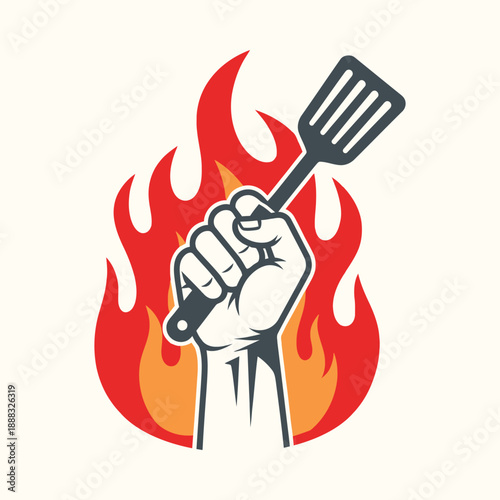 Kitchen revolution fist holding spatula tool with fiery flame background for cooking power