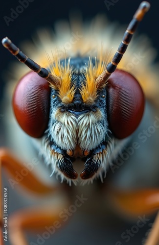 Extreme close-up insect face with large compound eyes and fuzzy antennae. Detailed view of tiny mouthparts and textured exoskeleton. Nature macro shot of a small creature.