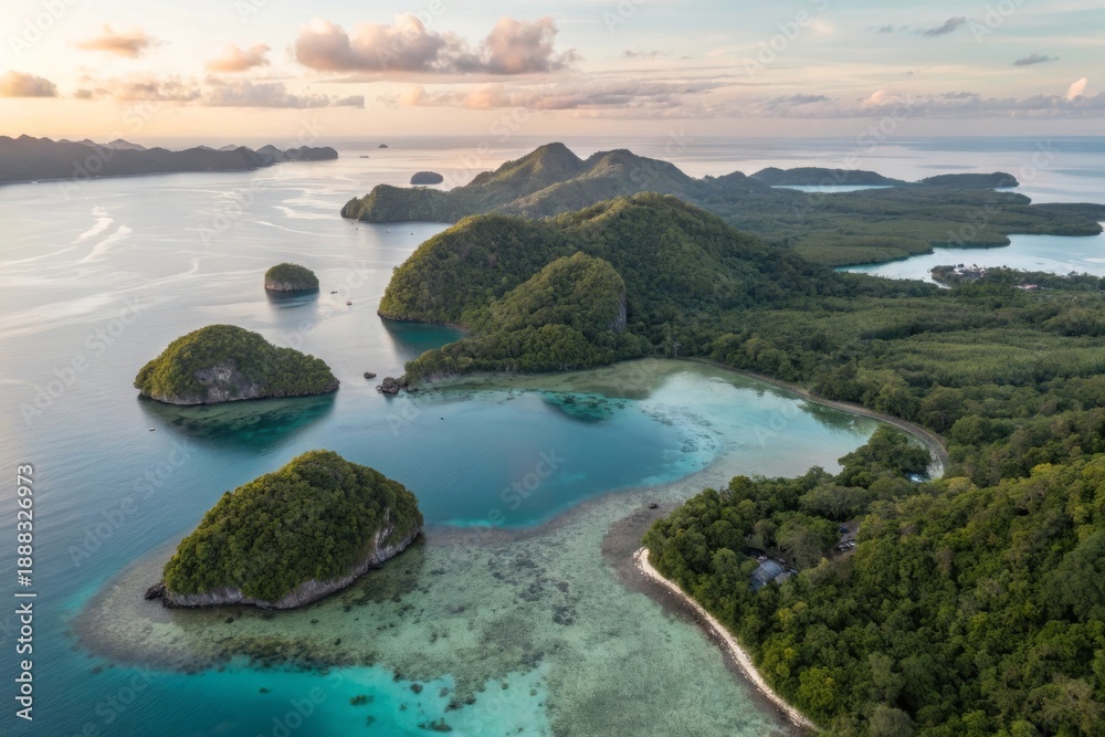 Obraz premium Aerial view of organic shaped tropical islands and turquoise waters at sunset