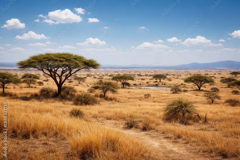 Fototapeta premium Lone acacia tree overlooking a golden savanna grassland with scattered shrubs, distant hills, and a small waterhole under blue sky