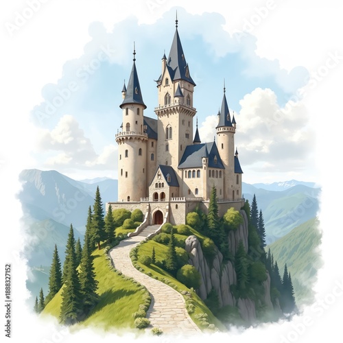 Wallpaper Mural Fairytale castle stands on grassy hilltop. Stone path leads to grand entrance. Majestic towers reach for cloudy blue sky. Green trees surround ancient stone fortress. Torontodigital.ca