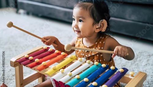 Toddler with Hearing Aid Playing Music. Happy Childhood Moment
