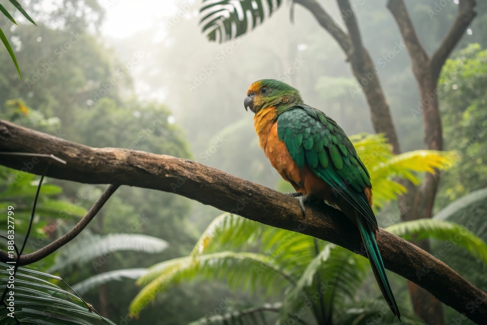 Obraz premium Exotic Green and Amber Parrot Perched on a Branch in a Lush Tropical Forest