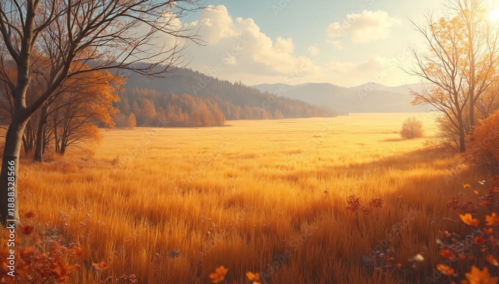Fototapeta premium Golden field of dry grass under warm sunlit autumn sky. Bare trees with orange foliage border the expansive meadow leading to distant misty mountains. Peaceful rural nature scene.