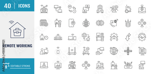 Remote working Icons set. Includes freelancer, Working from home, Coworking, Video Conference and more. Vector Illustration with editable strokes