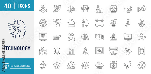 Technology Icons set. Includes Industry 4.0, 5g, ai, robot, iot, near field communication, programming and more. Vector Illustration with editable strokes