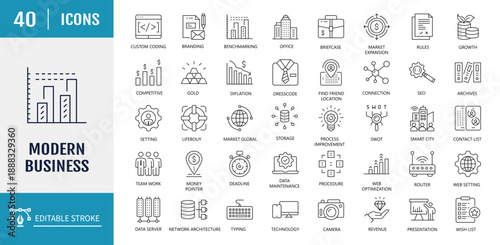 Modern business icon set. Includes digital transformation, business agility, competitive advantage, business intelligence and more. Vector Illustration with editable strokes