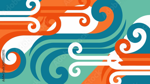 Abstract swirling waves, wind, and stripes in orange, teal, and white