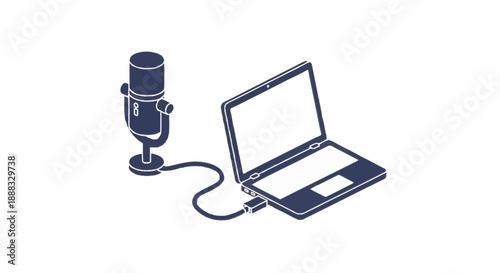 Simple illustration of a microphone connected to a laptop computer.