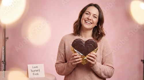 Happy smiling woman holding a heart-shaped chocolate for Valentine's Day, celebrating love and self-care with a sweet treat