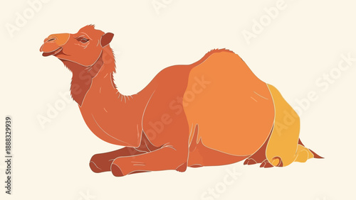 Camel resting on sand, desert animal illustration, dromedary lying down