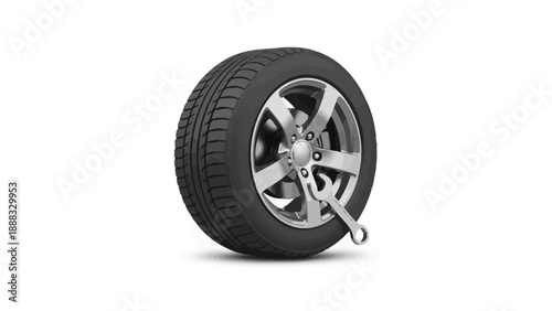 Car Tire with Wrench on White Background - Automotive Repair Concept