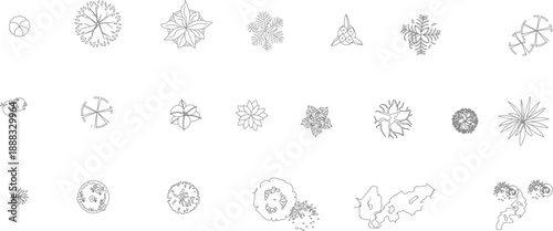 Collection of top view vector line art symbols representing various trees and plants for architectural site plans and landscape design layouts.
