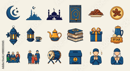 A collection of Islamic cultural icons representing Ramadan and Eid celebrations, including religious symbols, food, and community gatherings.