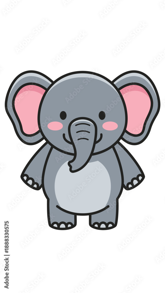 Fototapeta premium Cute cartoon elephant with big ears and rosy cheeks, isolated on white background