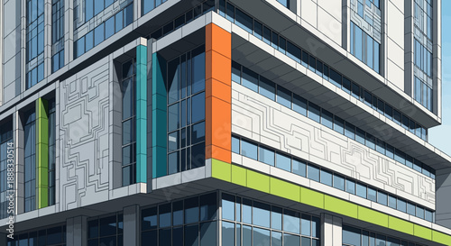 Contemporary Office Building Exterior with Glass Facade and Geometric Design in an Urban Business District.