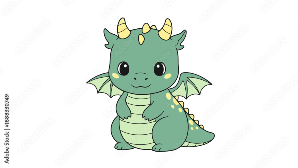 Fototapeta premium Cute Green Baby Dragon Illustration, Kawaii Fantasy Creature