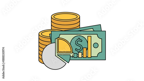 Financial Growth Concept: Money, Coins, Pie Chart, Bar Graph, Dollar Sign