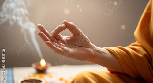 Wallpaper Mural Monk performing blessing hand gesture with incense in peaceful setting   Torontodigital.ca