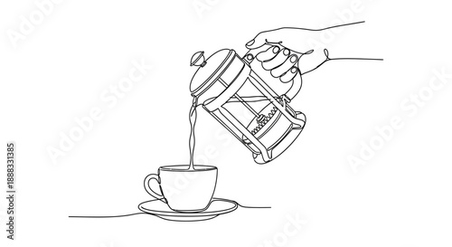 Minimalist Line Art French Press Coffee Pour Illustration