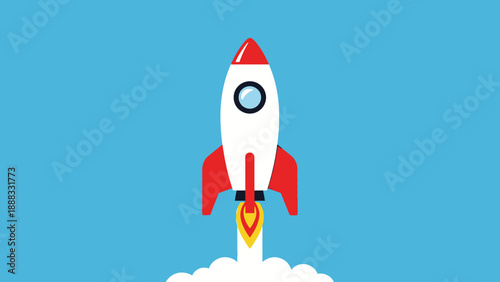 Rocket Launching into Space with Fiery Exhaust and Clouds