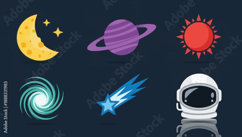 Space Icons Set: Moon, Stars, Planet, Sun, Black Hole, Comet, Astronaut Helmet