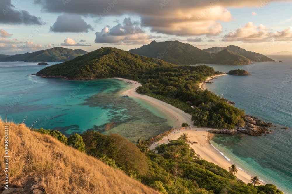 Obraz premium Stunning aerial view of a remote tropical island chain with lush green hills and sandy shores at sunset