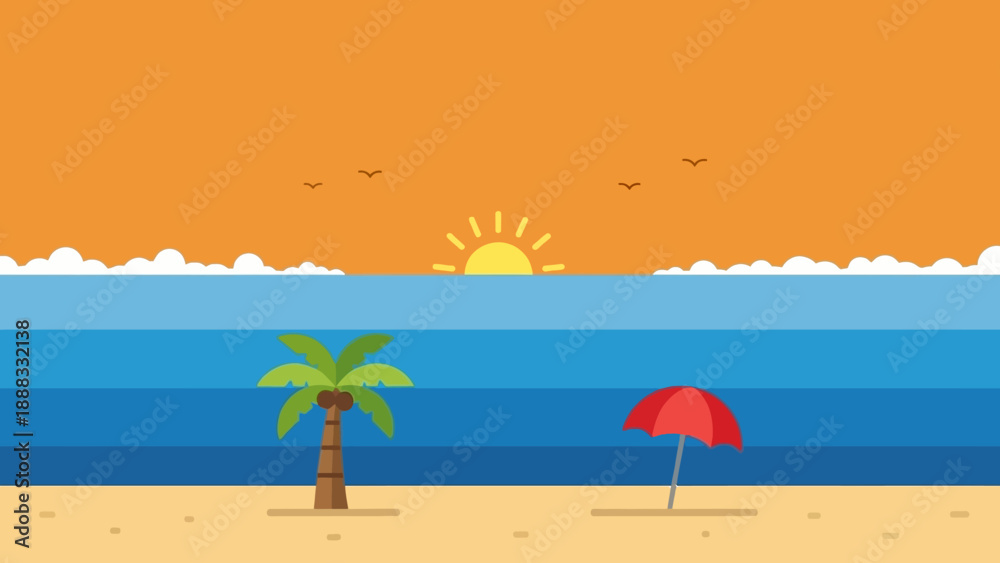 Obraz premium Tropical Beach Sunset Landscape with Palm Tree and Umbrella