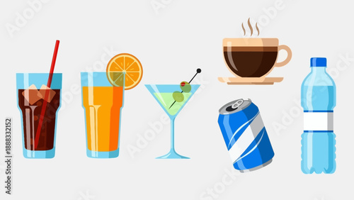 Variety of refreshing drinks: coffee, soda, juice, cocktail, water, and soda can