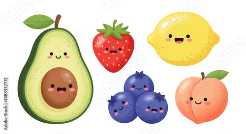 Colorful illustration of fresh fruits with smiling faces including avocado, strawberry, lemon, blueberries, and peach on a clean white background, creating a healthy and playful fruit