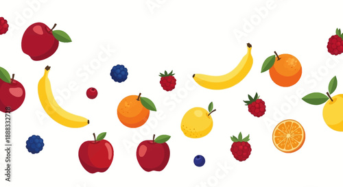 A colorful hand-drawn fruit illustration featuring a variety of tropical and summer fruits, including apples, bananas, and berries, against a clean white background with a playful doodle