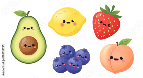Colorful hand-drawn fruit doodle illustration of avocado, lemon, strawberry, blueberries, and peach on a white background.