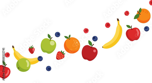 A colorful illustration of fresh fruits, including tropical fruits like bananas, apples, and oranges, arranged in a fruit pattern on a white background with a hand-drawn fruit doodle style,