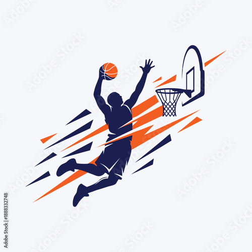 Basketball player jumping for slam dunk with abstract energy lines on light background